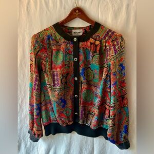 Notches XL Vintage Geometric Baroque Colorful Paisley Button Down Blouse Black